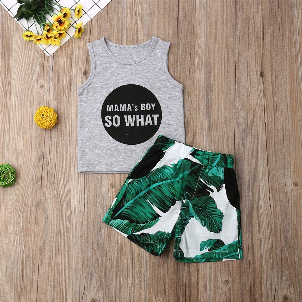 FYBITBO 2Pcs Toddler Little Boys Summer Clothes Sets Cute Mamas Boy Sleeveless Tank Tops T-Shirt+Palm Shorts Outfits (Palm Leaf, 4T)