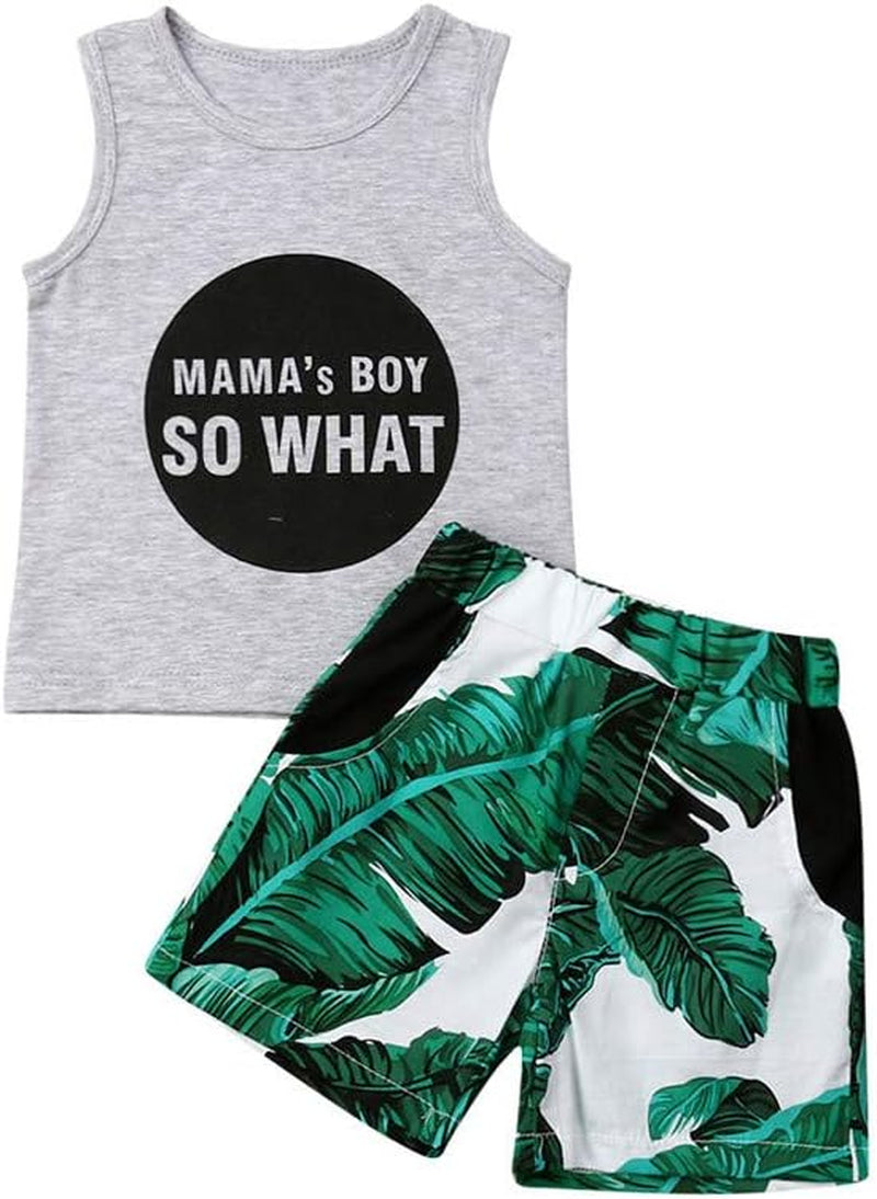 FYBITBO 2Pcs Toddler Little Boys Summer Clothes Sets Cute Mamas Boy Sleeveless Tank Tops T-Shirt+Palm Shorts Outfits (Palm Leaf, 4T)